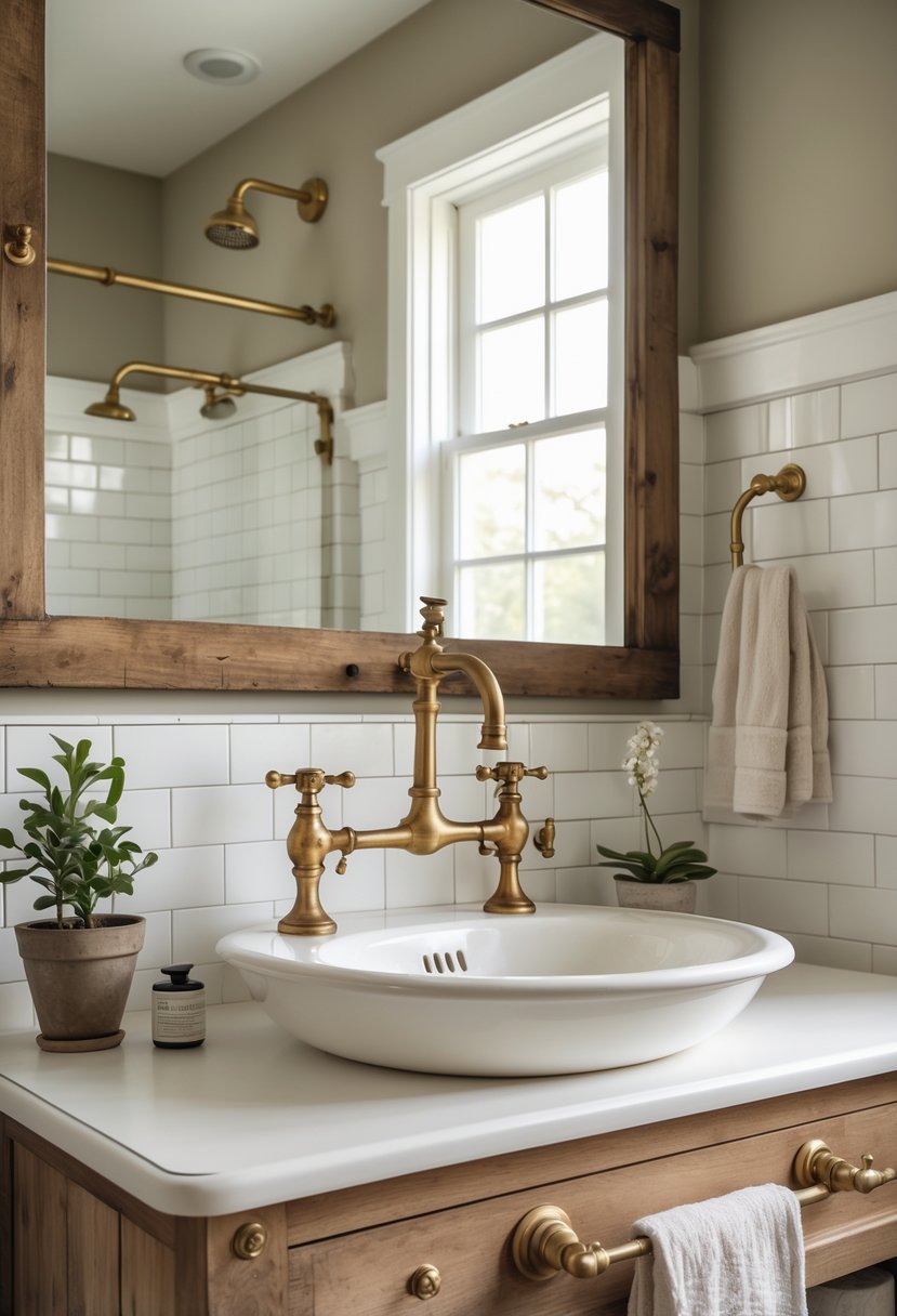 A bathroom with a white sink, brass faucets, wooden vanity, mirror, and natural light coming through a window.