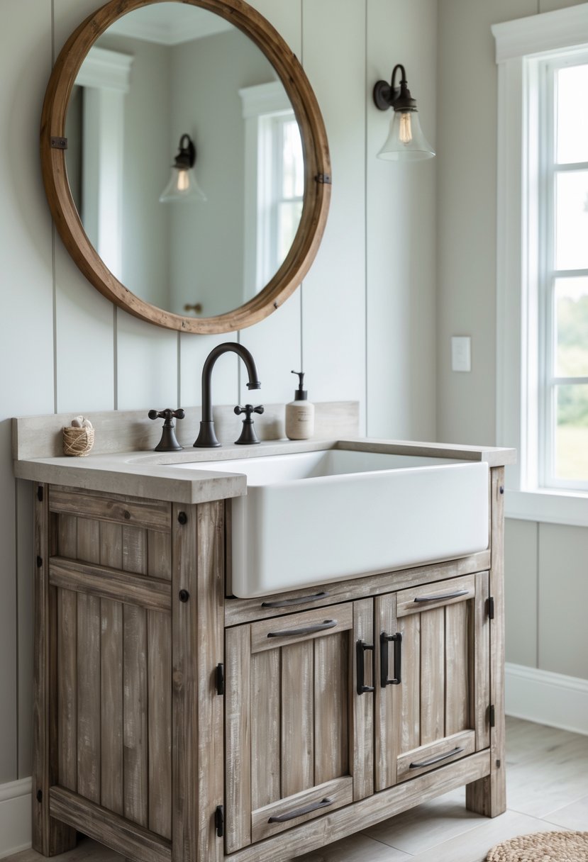 A bathroom with a distressed wooden vanity and a large white farmhouse sink under natural light.