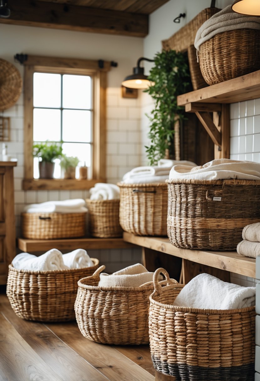 A bathroom with woven baskets holding folded linens arranged on wooden shelves and the floor.