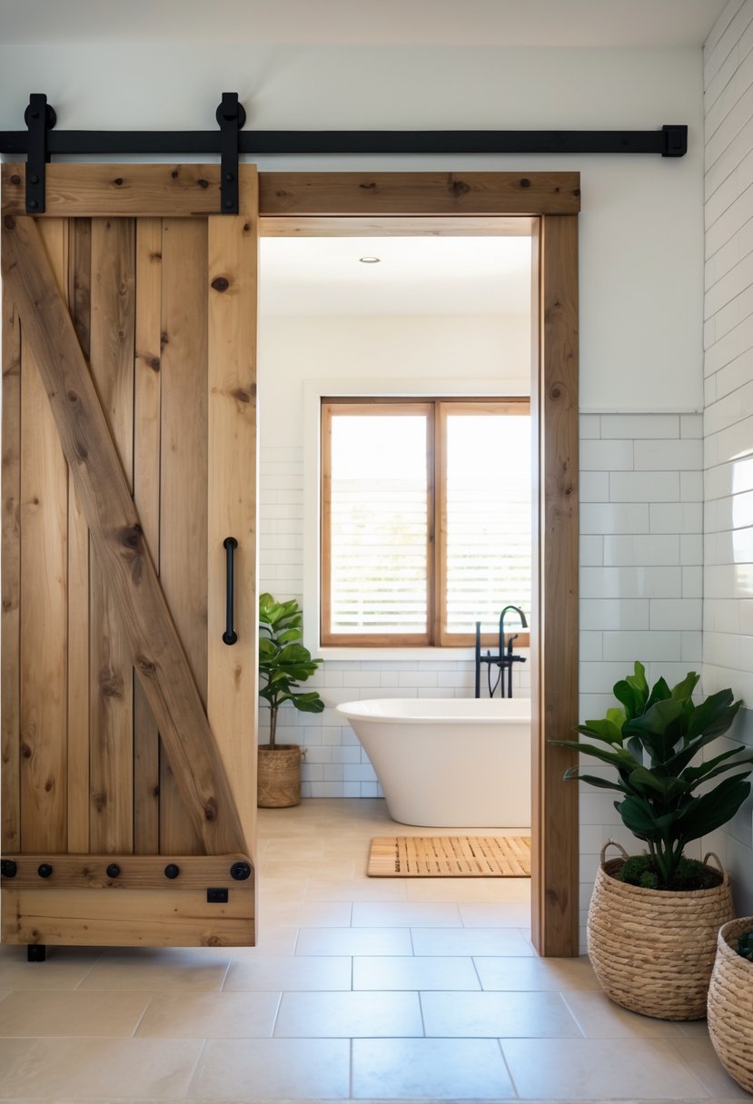 View of a bathroom entry with a wooden sliding barn door partially open, showing a bright bathroom interior with a bathtub and natural light.