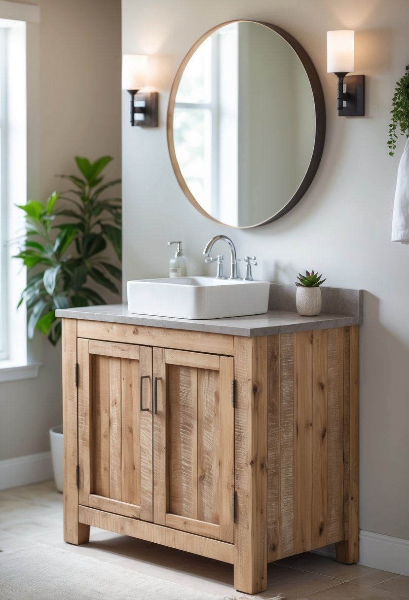 A bathroom vanity made of natural wood with a distressed finish, featuring a white sink and chrome faucet, set against a neutral background with a round mirror and a small plant.