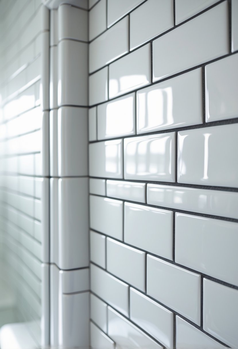Close-up view of a bathroom wall with white ceramic subway tiles and dark grout lines.