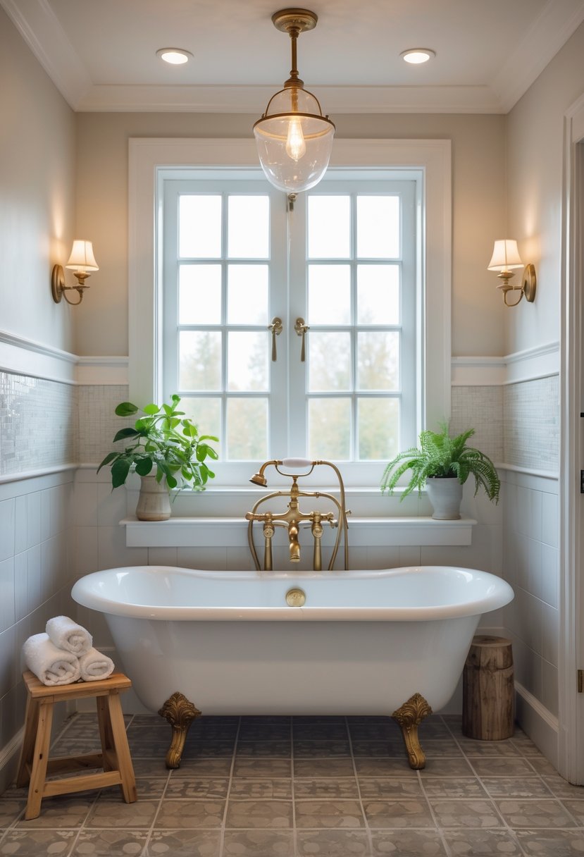 A clawfoot bathtub with vintage fixtures in a bright bathroom with natural light and wooden accents.