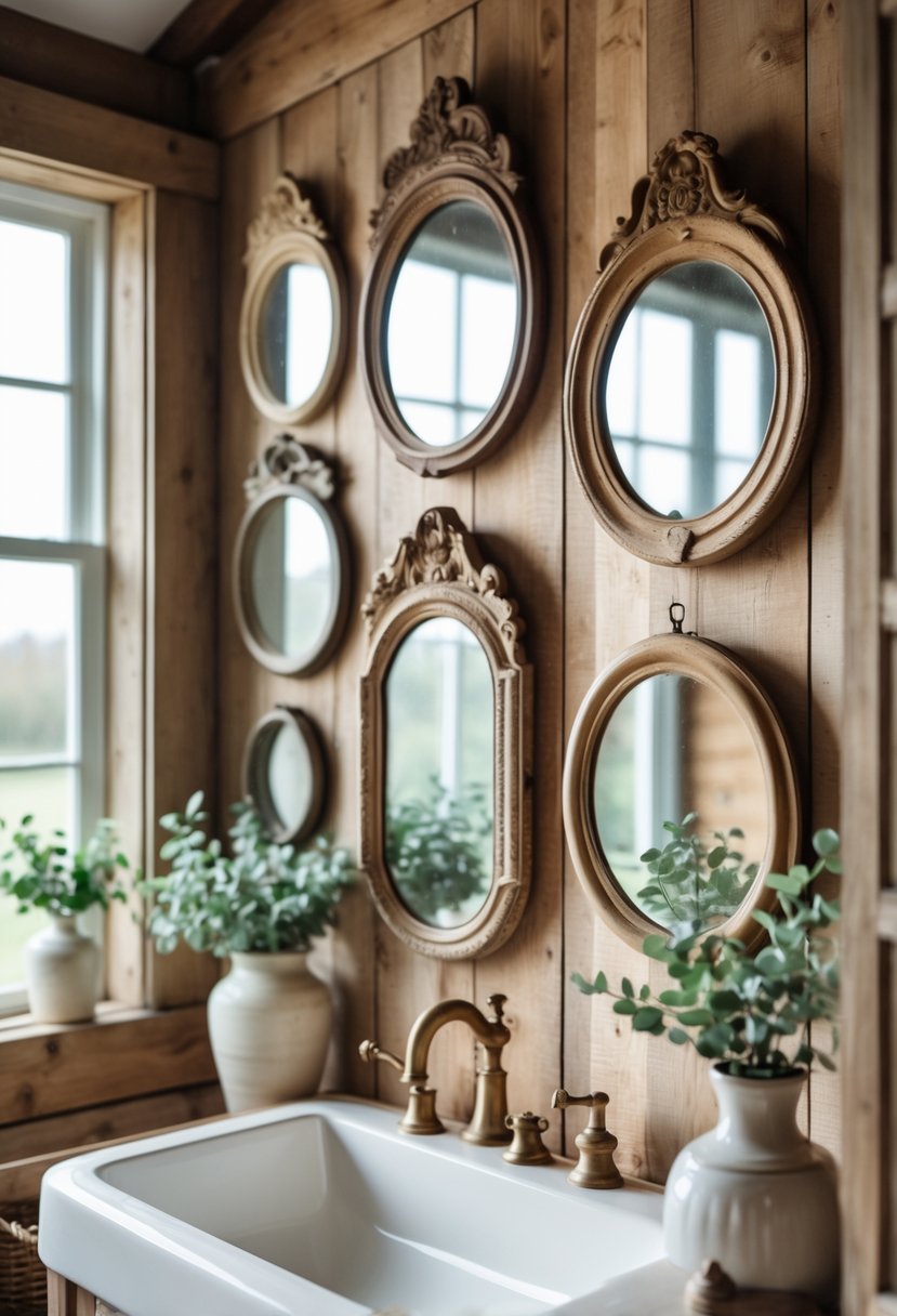 A bathroom with several antique wooden framed mirrors hanging on a wooden wall above a sink with vintage fixtures and a small plant.