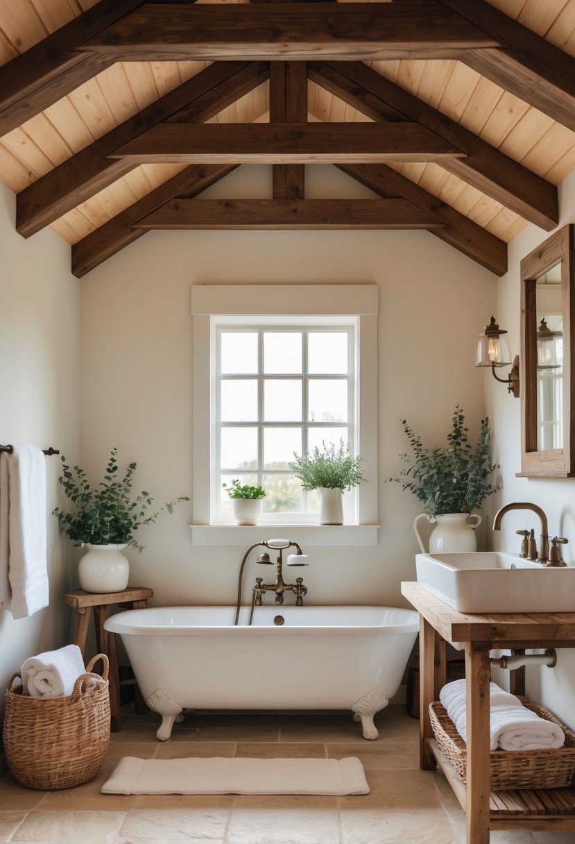 A bright bathroom with exposed wooden beams on the ceiling, a white clawfoot bathtub, natural stone floor, and rustic wooden accents.