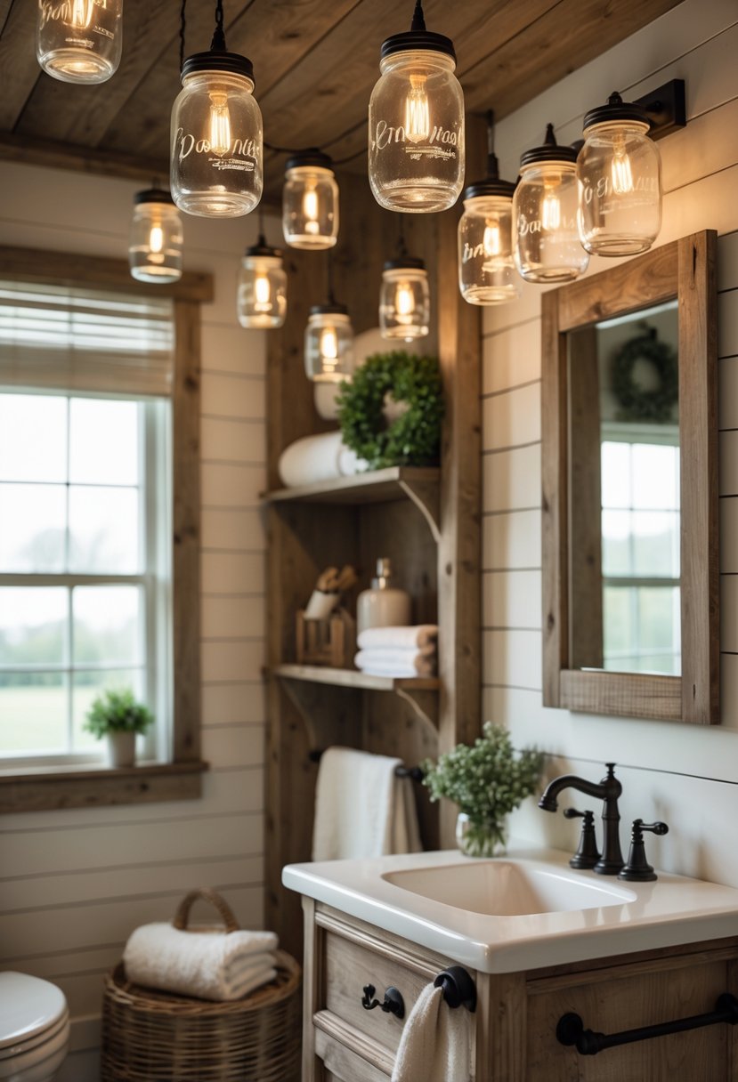 A bathroom with mason jar light fixtures hanging from the ceiling, wooden accents, a white sink, and warm lighting.