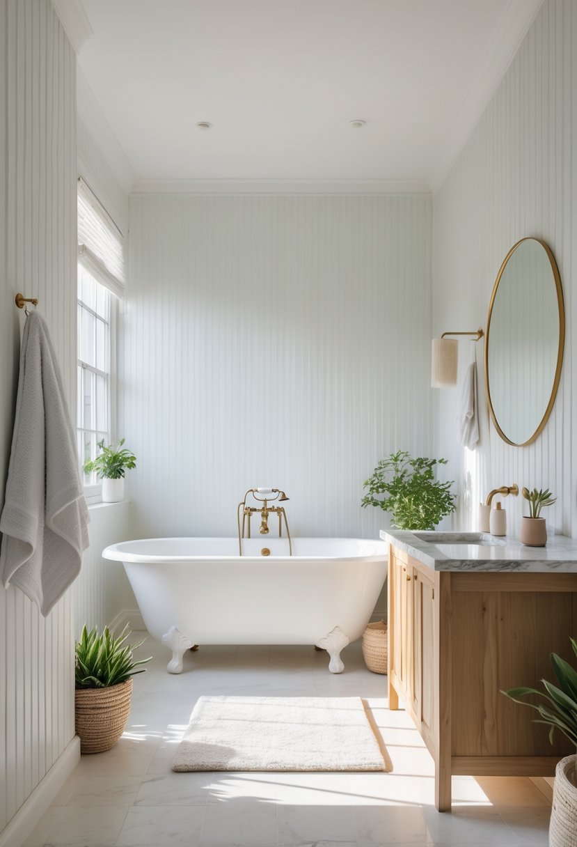 A bright bathroom with white beadboard walls, a freestanding bathtub, wooden vanity, and a round mirror, illuminated by natural light.