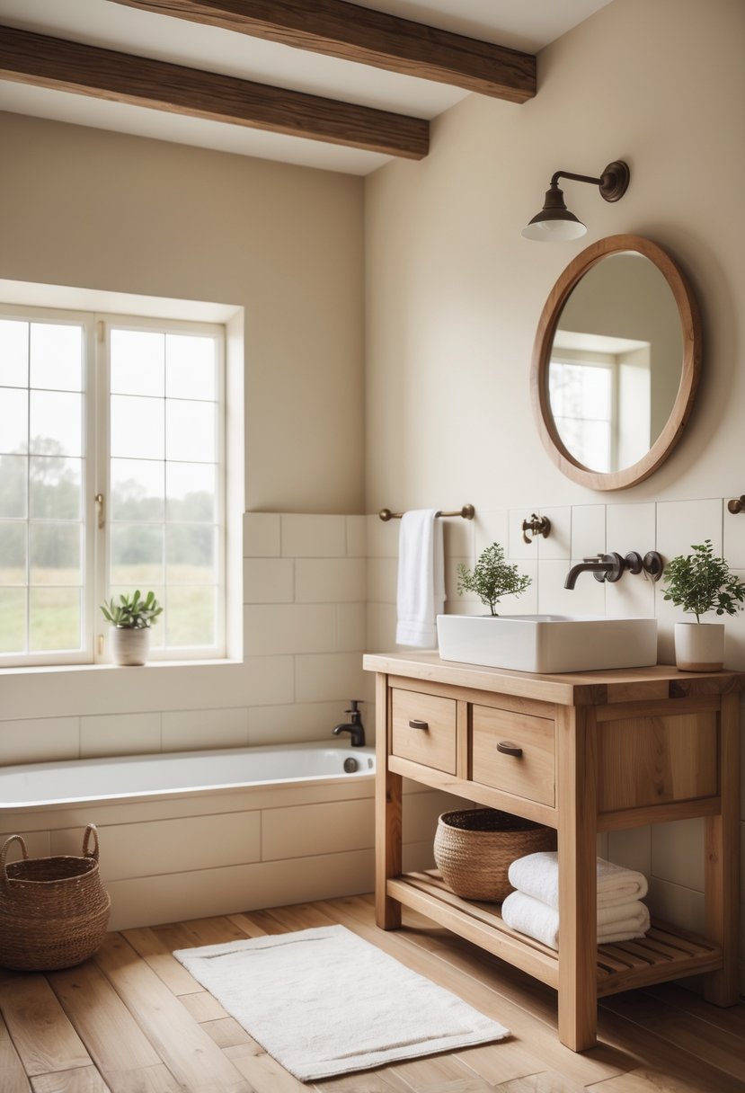 A bright bathroom with wooden vanity, white sink, round mirror, and natural light coming through a window.