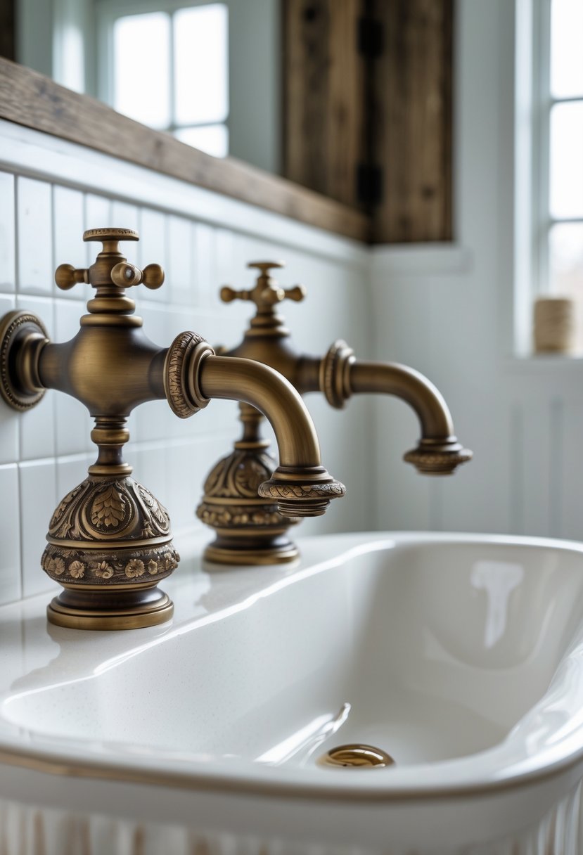 Close-up of antique brass faucets mounted on a white bathroom sink with rustic wooden and tiled background.