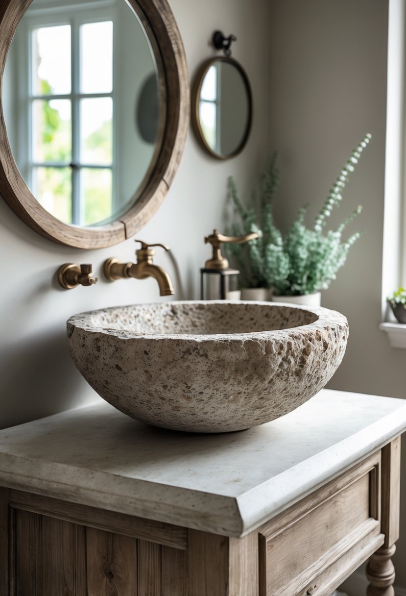 A stone sink basin set on a wooden vanity in a bathroom with a round mirror and soft natural lighting.