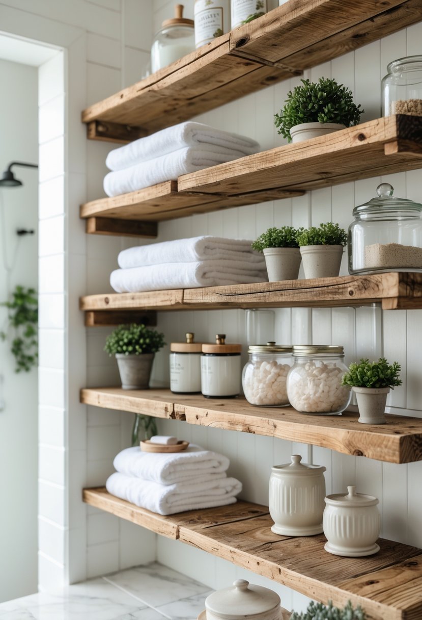 A bathroom with open wooden shelves holding towels, jars, plants, and containers in a bright, clean setting.