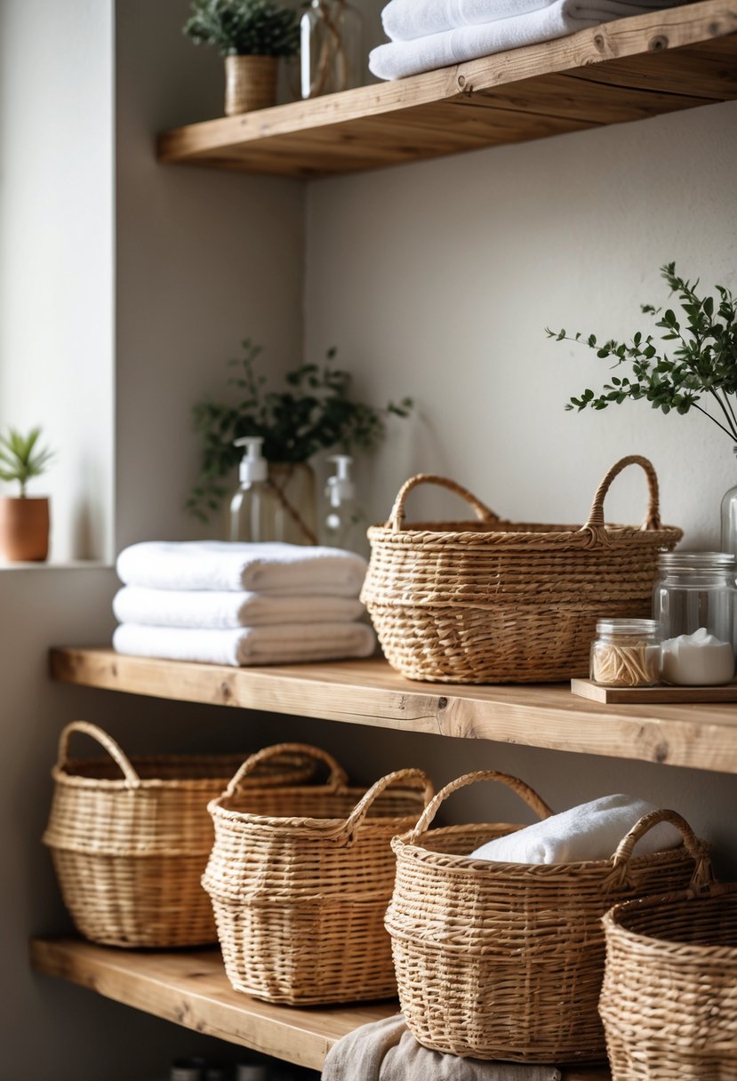 A bathroom scene with woven wicker baskets arranged on wooden shelves and countertop, surrounded by towels and small plants.