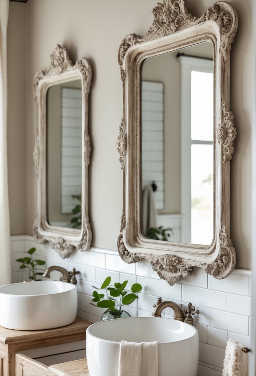 A bathroom with several vintage framed mirrors featuring detailed decorative frames above a wooden vanity with soft lighting.