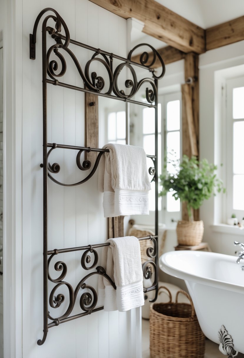 A bright bathroom with iron towel racks holding folded towels near a sink, featuring rustic wooden accents and natural light.
