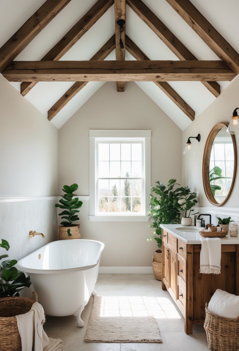 Bright bathroom with exposed wooden ceiling beams, a freestanding bathtub, wooden vanity, and natural light coming through a window.