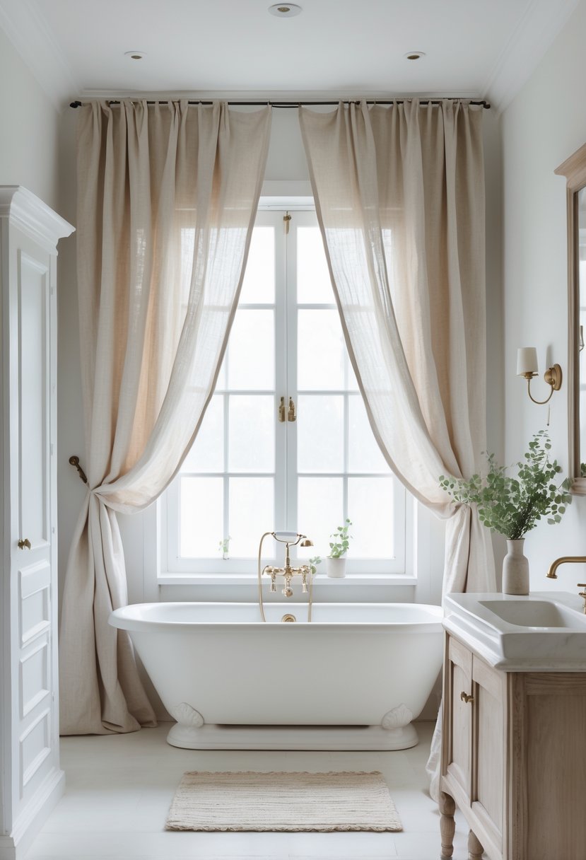 A bright bathroom with a freestanding bathtub, wooden vanity, and linen curtains covering a large window.