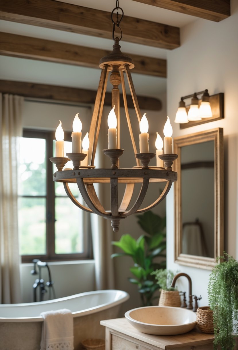 A bathroom with a rustic chandelier featuring candle-style lights hanging above a bathtub and wooden vanity.
