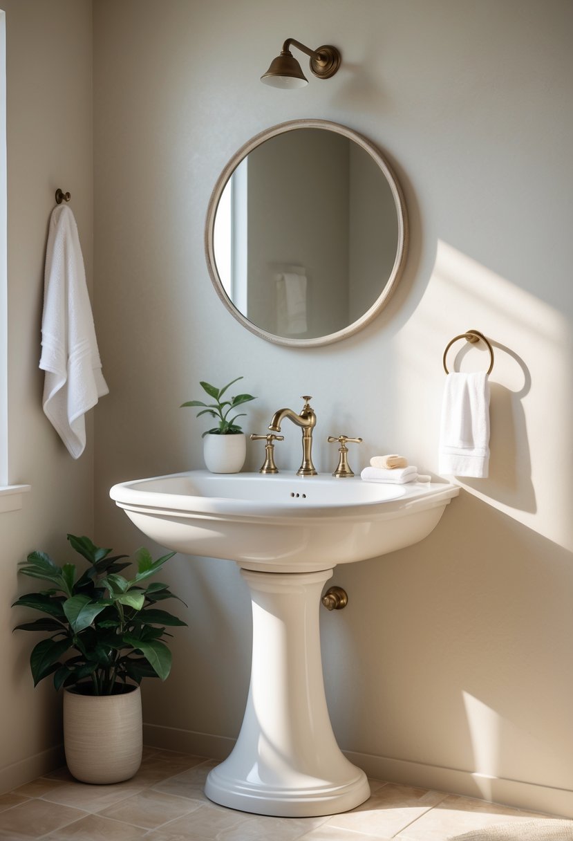 A white porcelain pedestal sink in a bathroom with a round mirror, a small plant, and a towel on a light tiled floor.