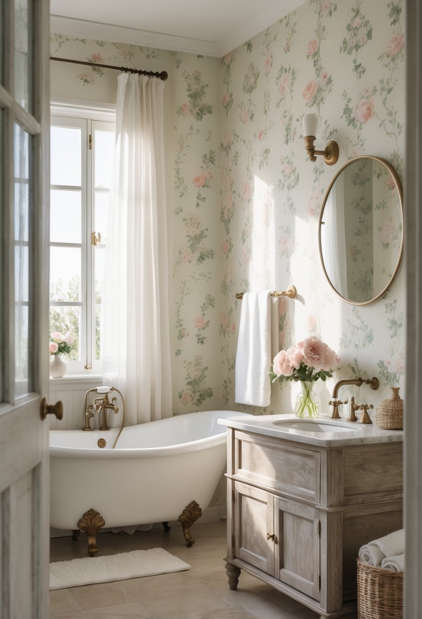 A bathroom with a floral wallpaper accent wall, a white freestanding bathtub, wooden vanity, and natural light coming through a window.