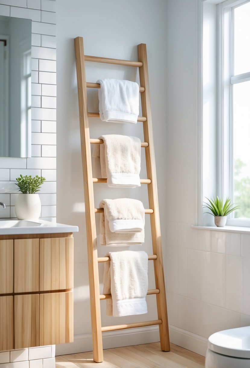 A wooden towel ladder with folded towels standing in a bright bathroom next to a window.