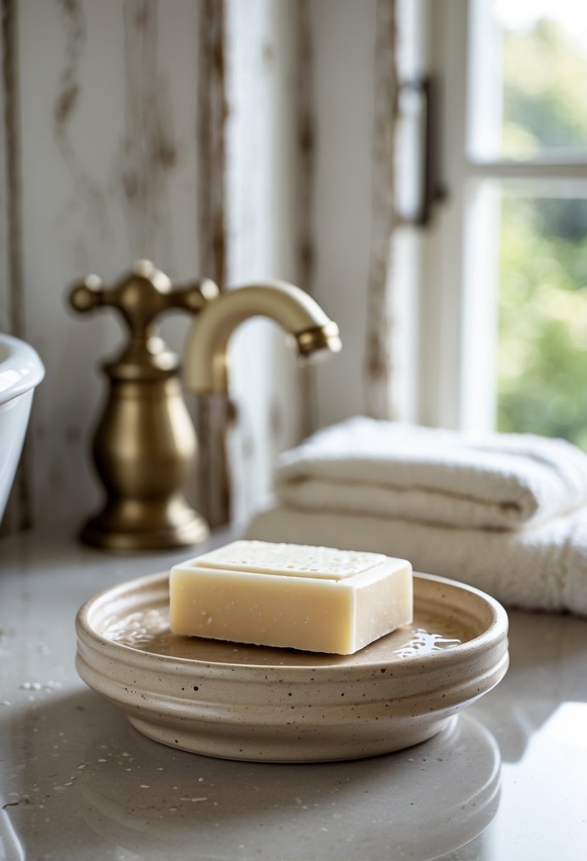 A ceramic soap dish with a bar of soap on a bathroom countertop next to a folded towel and vintage fixtures.