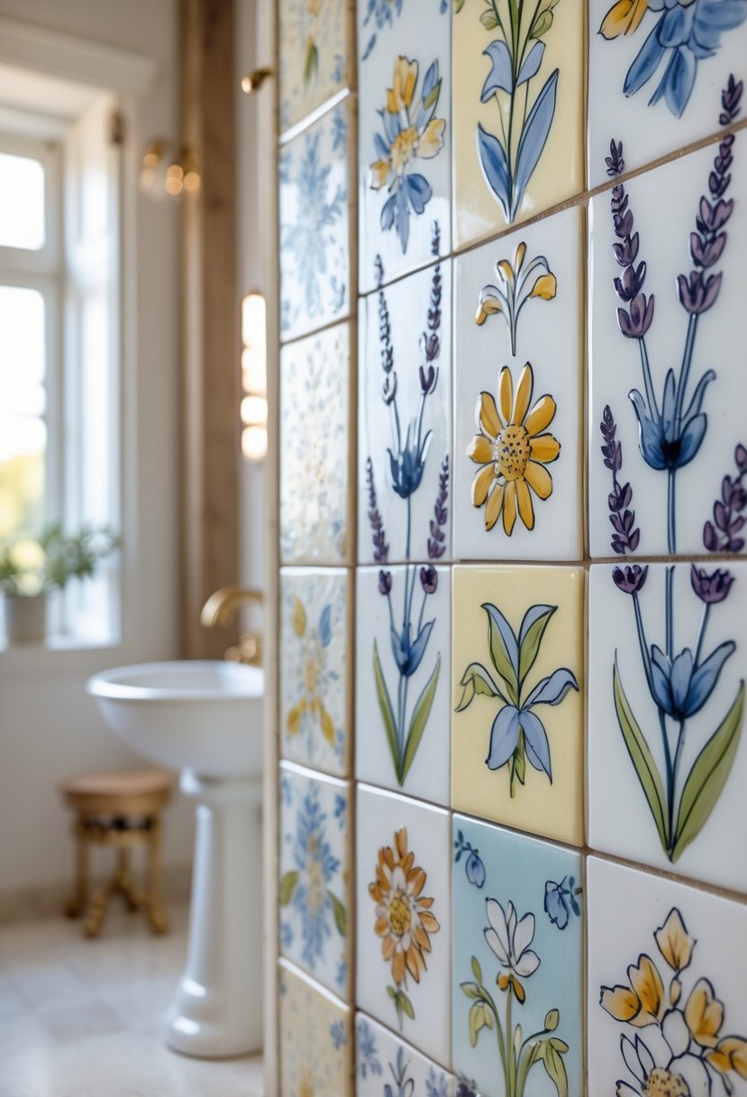 Close-up of hand-painted ceramic tiles with floral and lavender patterns in a bright bathroom setting.
