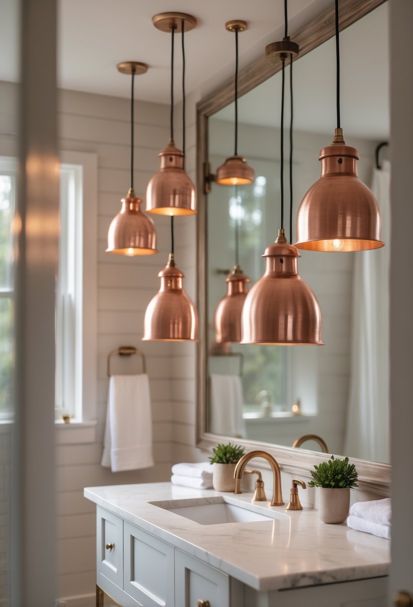 Bathroom interior with copper pendant lights hanging above a vanity and mirror.