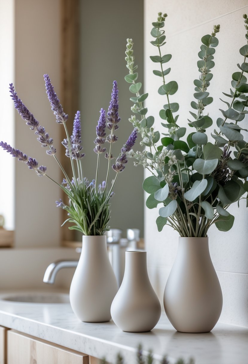 Fresh lavender and eucalyptus branches in simple vases on a bathroom countertop.