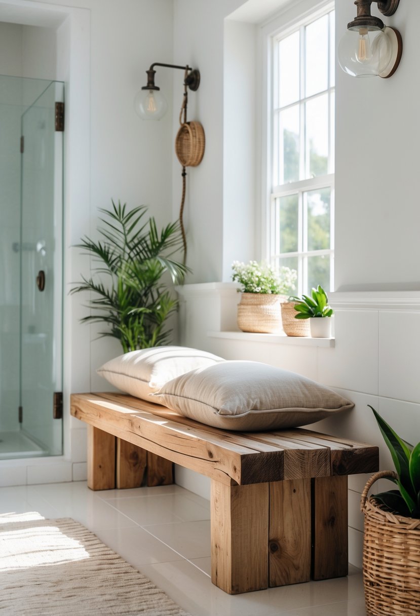 A wooden bench with cushions inside a bright bathroom with natural light and decorative plants.