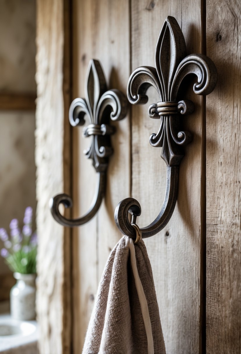 Close-up of decorative fleur-de-lis shaped wall hooks mounted on a wooden wall with a towel and small vase nearby.