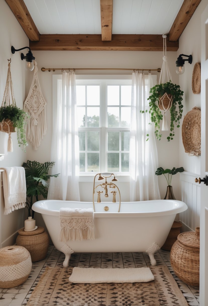 A bright bathroom with a freestanding clawfoot bathtub surrounded by plants, woven baskets, and wooden accents.