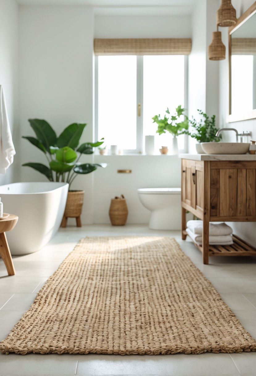A bright bathroom with natural woven rugs on the floor, a freestanding bathtub, wooden vanity, and green plants.
