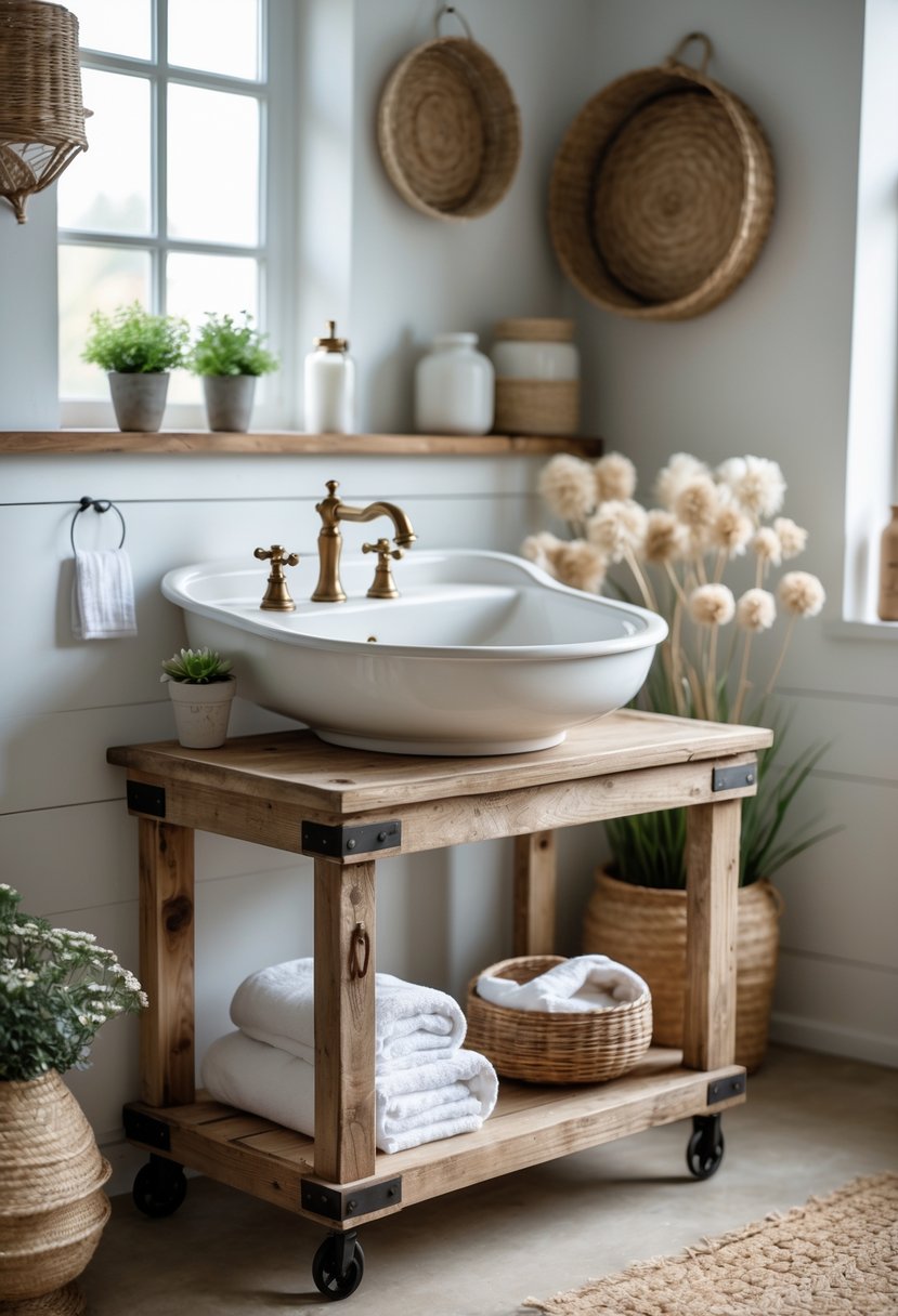 A vintage-style washbasin on a wooden cart in a bathroom with towels and plants.