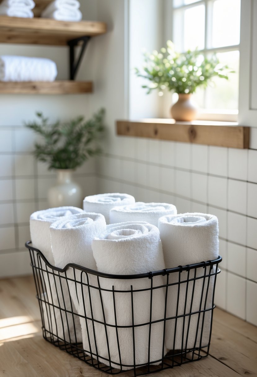 Open wire basket holding rolled hand towels in a bright bathroom with wooden shelves and white tiles.