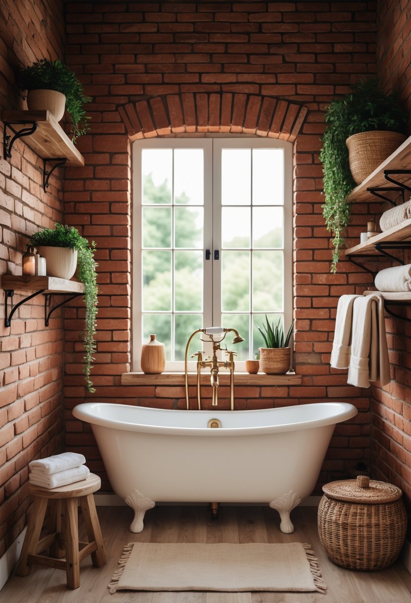 A bathroom with exposed brick walls, a white freestanding bathtub, wooden accents, green plants, and warm lighting.