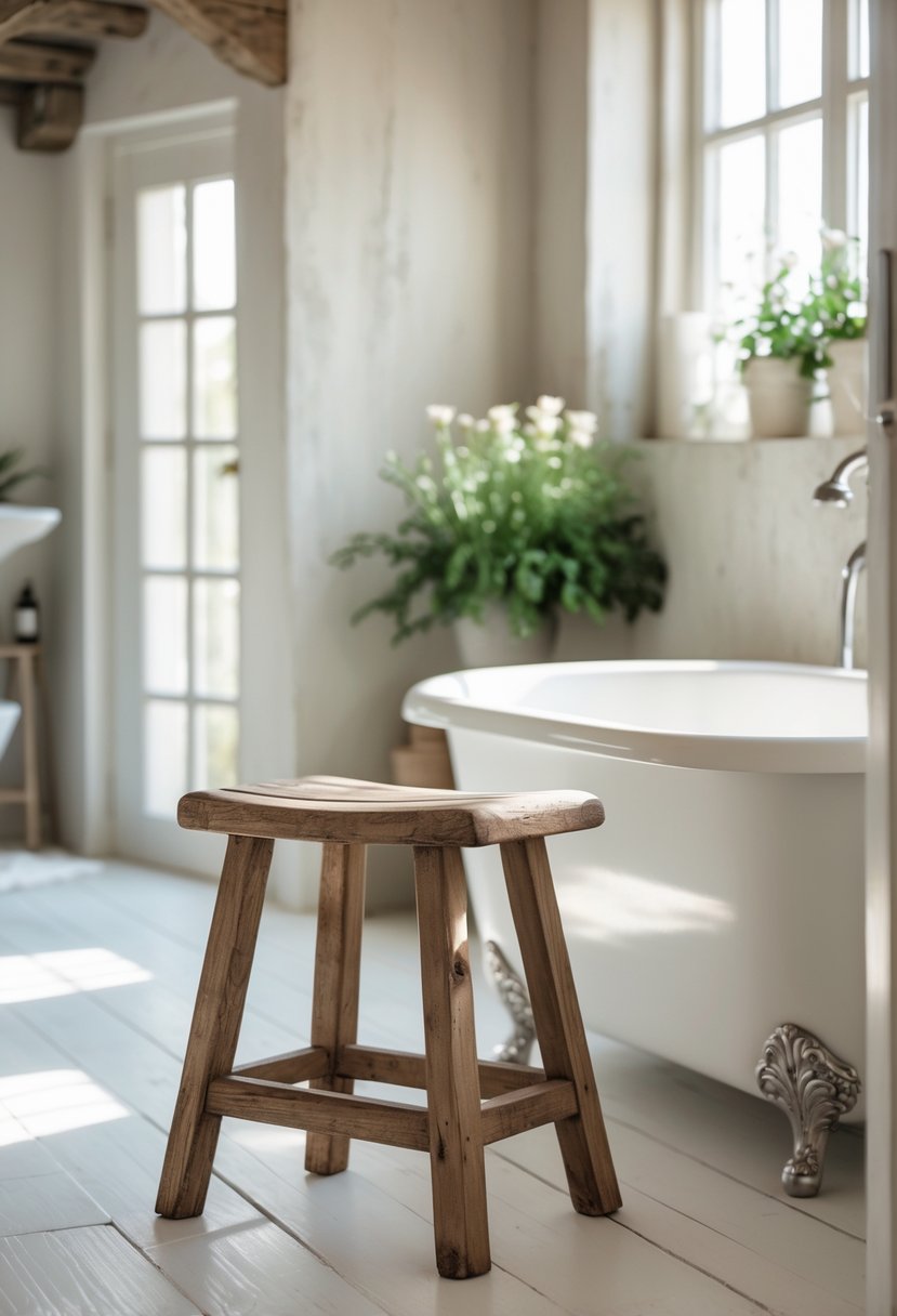 A vintage wooden stool beside a white bathtub in a bright bathroom with natural light and plants.