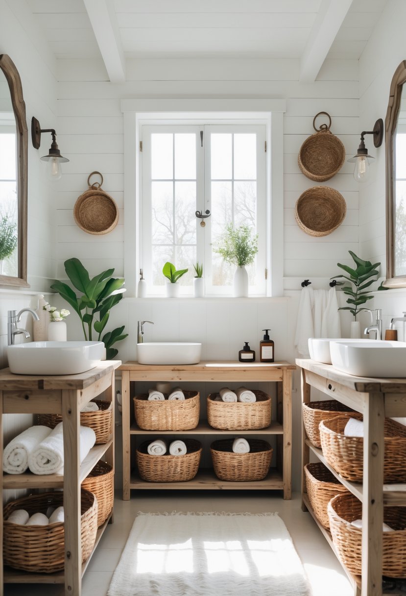 A bathroom with woven baskets used for storage on shelves and under a wooden vanity, with towels, plants, and natural light.