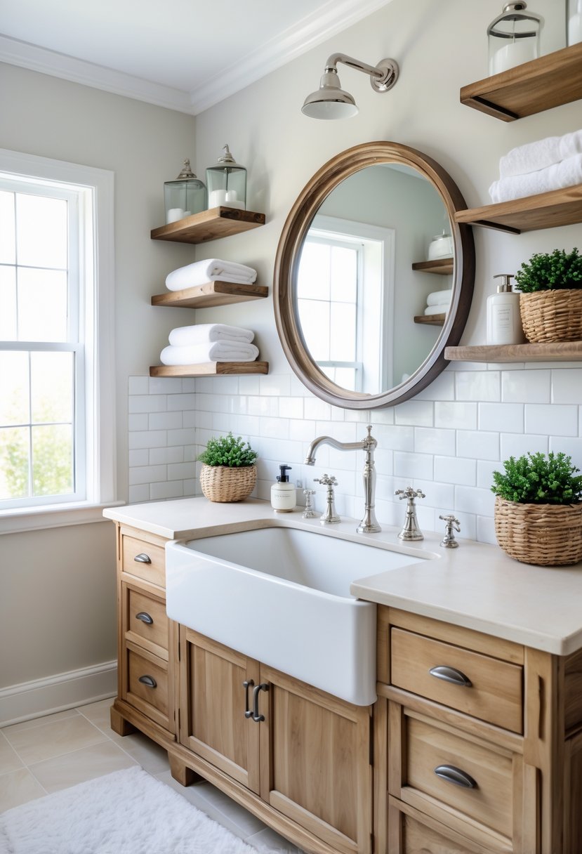 A bright bathroom with a large white apron-front sink on a wooden vanity, a round mirror above, and rustic shelves with towels and plants.
