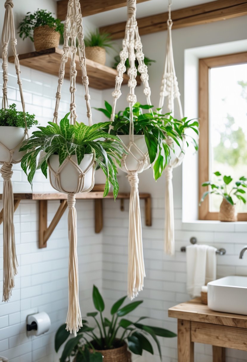 Bathroom with hanging macramé plant holders containing green plants, wooden shelves, and white tiled walls.