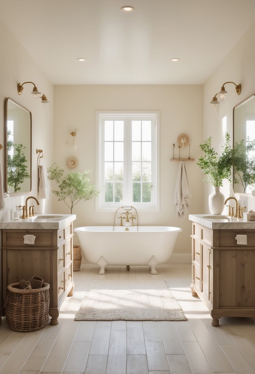 A bright bathroom with cream-colored walls, a freestanding bathtub, wooden vanity, and natural light coming through a window.