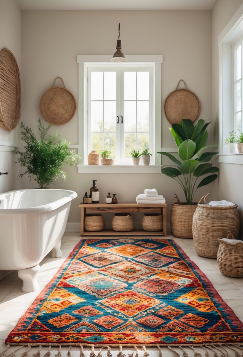 A bright bathroom with a white bathtub, wooden accents, green plants, and colorful patterned rugs on the floor.