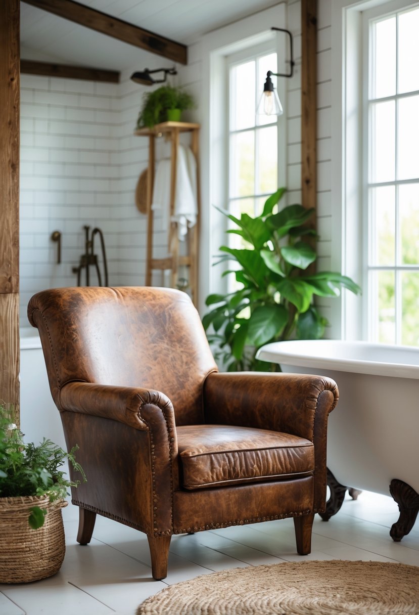 A worn leather accent chair next to a freestanding bathtub in a bright bathroom with wooden walls and green plants.