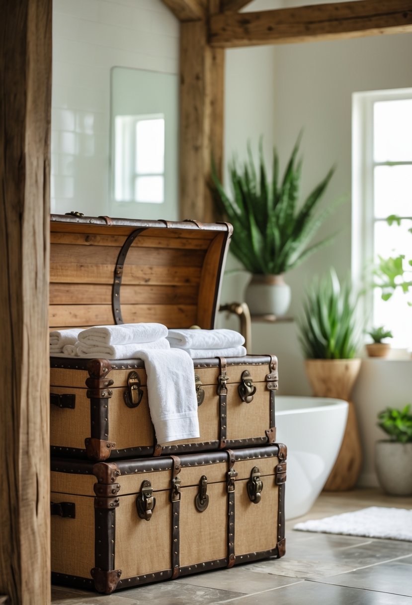 Stacked antique trunks holding white towels in a bright bathroom with natural light and plants.
