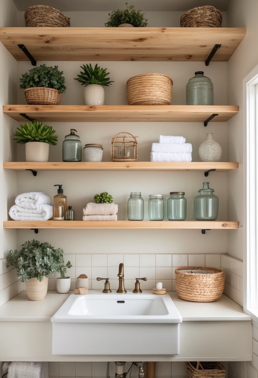 A bathroom with wooden open shelves holding plants, baskets, towels, and decorative items.