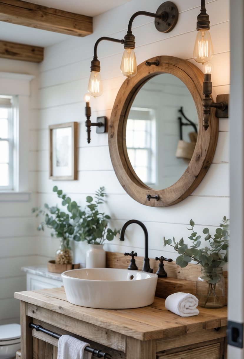 A bright bathroom with wooden vanity, round mirror, rustic light fixtures, and plants.