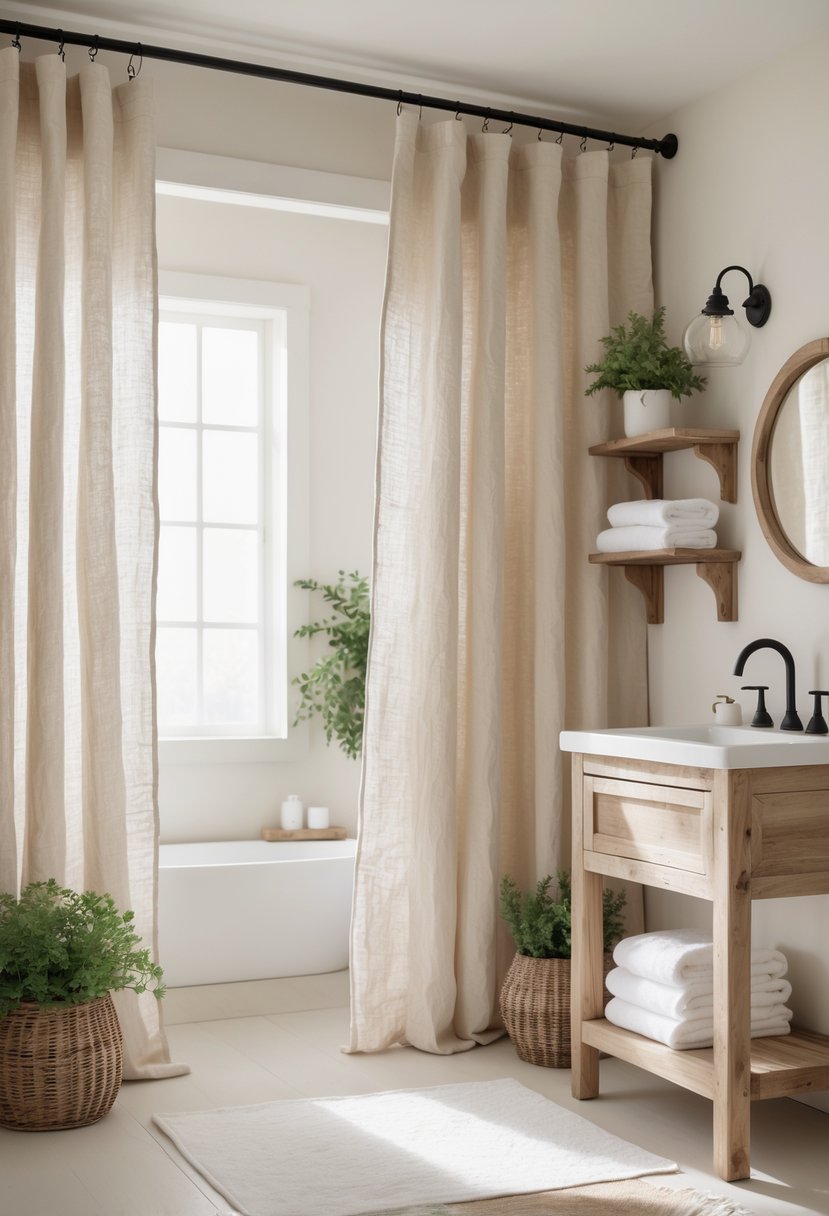A bathroom with linen shower curtains, wooden vanity, round mirror, potted plants, and natural light.