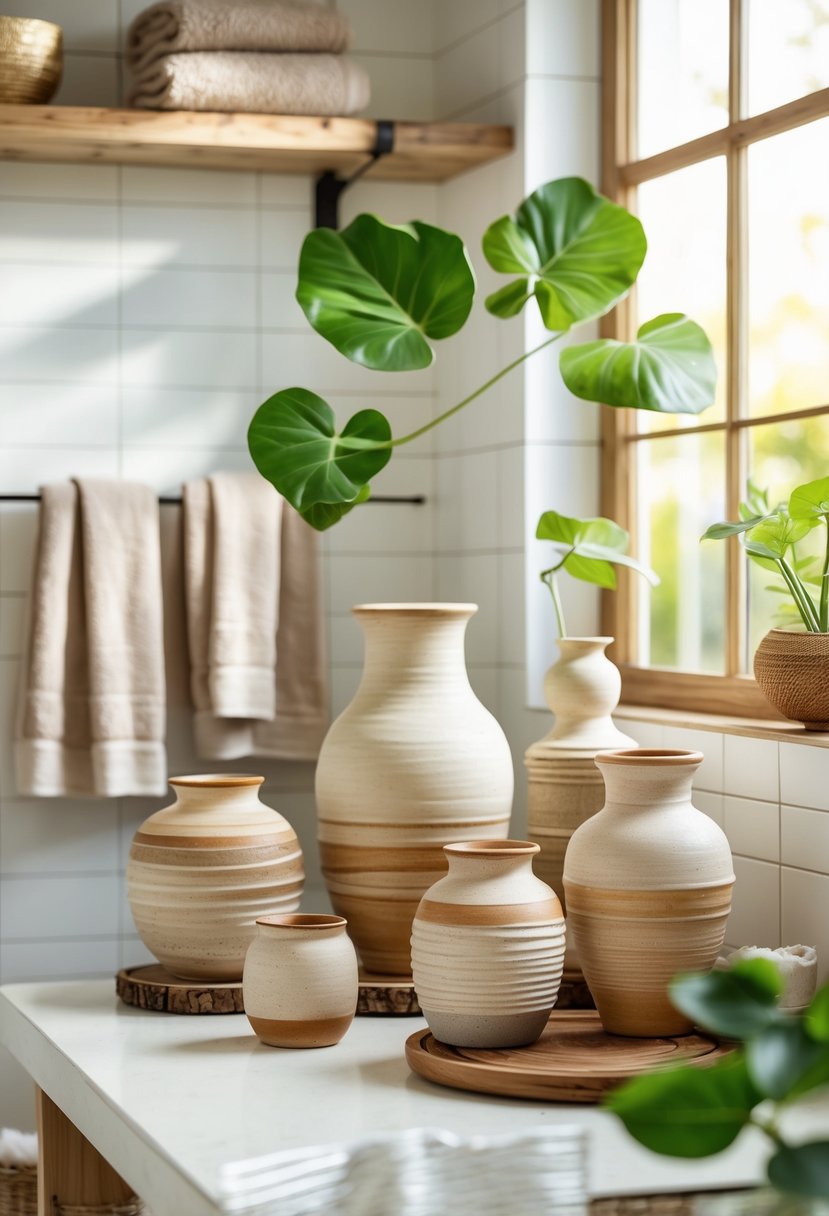 A bright bathroom with handcrafted ceramic vases and jars displayed on shelves and a countertop, surrounded by plants and towels.