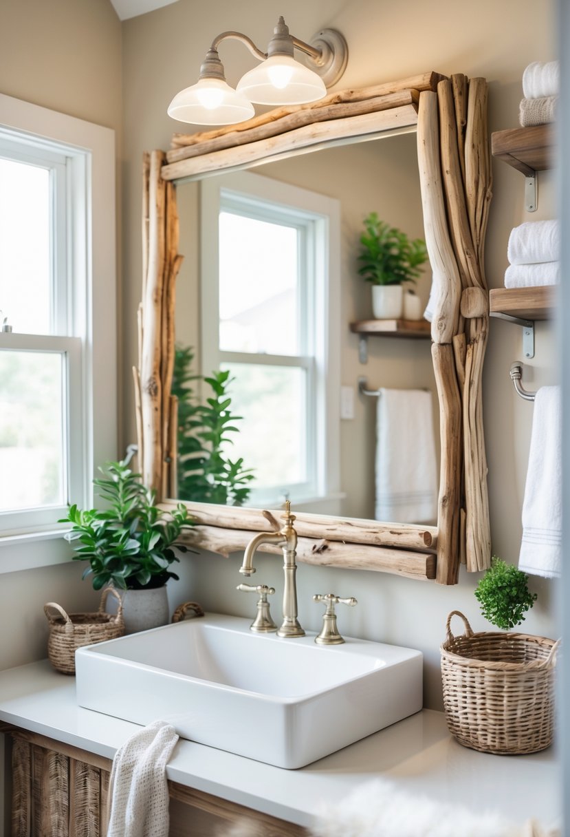 Bathroom with a white sink and a large mirror framed with driftwood above it, surrounded by plants and wooden shelves.