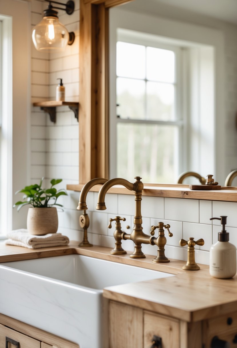 A bathroom sink with antique brass faucets and fixtures, natural wood accents, white tiled walls, and decorative accessories on the countertop.