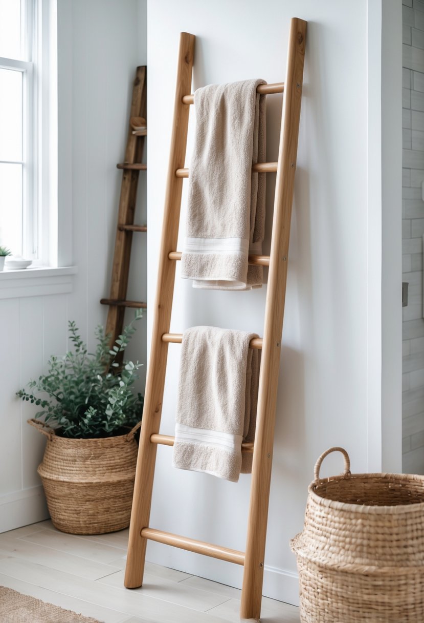 A wooden ladder towel rack with towels in a bright bathroom next to a potted plant and basket.